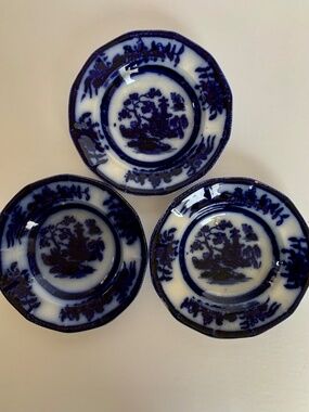 Antique Flow Blue “Chapoo” Berry Dishes – Set of 3 – 5” Pagoda Pattern